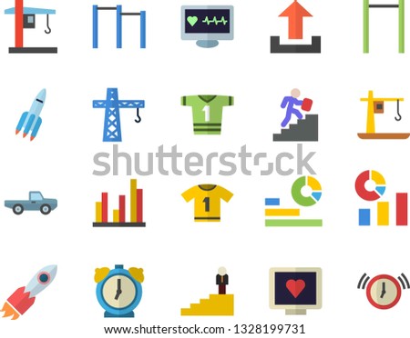 Color flat icon set crane flat vector, pickup truck, rocket, statistics, computer diagnostics of health, statistic, career ladder, parallel bars, sport T shirt, upload, alarm clock