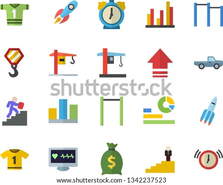 Color flat icon set crane flat vector, hook, pickup truck, rocket, wealth, statistics, computer diagnostics of health, statistic, career ladder, parallel bars, sport T shirt, upload, alarm clock