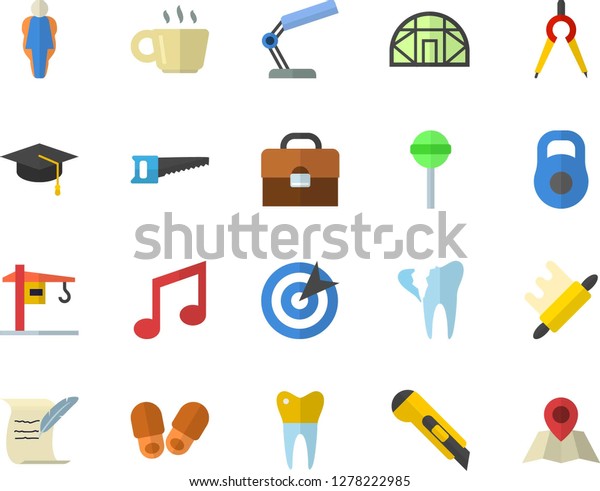 Color flat icon set crane flat vector, stationery\
knife, rolling pin, lollipop, saw, greenhouse, dividers, broken\
tooth, dental crowns, briefcase, coffee, reading lamp, target,\
bachelor cap, weight