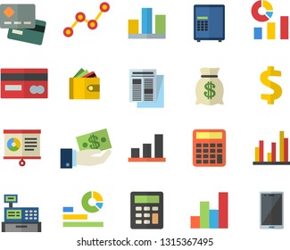 Color flat icon set credit card flat vector, dollar, investments, purse, wealth, statistics, scatter chart, news, cash machine, statistic, calculator, safe fector, mobile