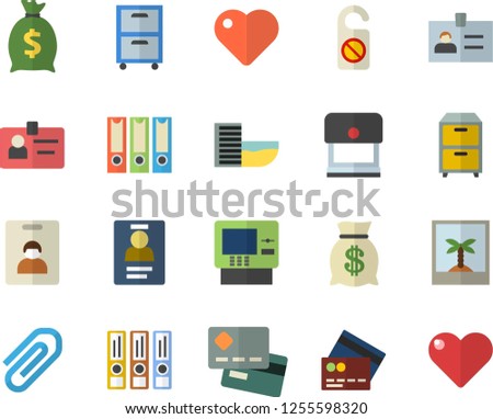 Color flat icon set credit card flat vector, wealth, heart, clip, badge, archive, folders for papers, indentity fector, hotel first line, cash dispenser, photo, do not disturb, stamp