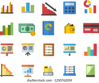Color flat icon set crisis flat vector, chart, cash, credit card, purse, statistics, book balance accounting, machine, statistic, abacus, calculator, presentaition board, mobile