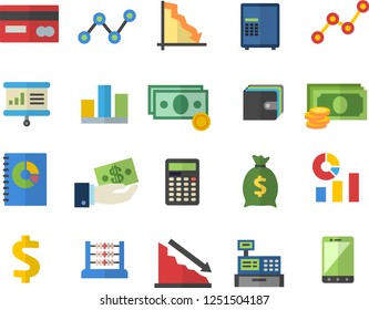 Color flat icon set crisis flat vector, cash, credit card, dollar, investments, purse, wealth, statistics, scatter chart, book balance accounting, machine, statistic, abacus, presentaition board