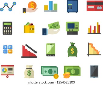 Color flat icon set crisis flat vector, cash, credit card, investments, purse, wealth, scatter chart, calculator, statistic, dispenser fector, safe, mobile