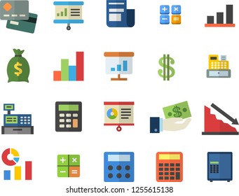 Color flat icon set crisis flat vector, credit card, dollar, investments, wealth, statistics, news, calculator, cash machine, chart, presentaition board, safe fector