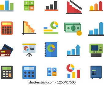 Color flat icon set crisis flat vector, chart, cash, statistics, book balance accounting, calculator, statistic, presentaition board, achievement, credit card fector, dispenser, safe