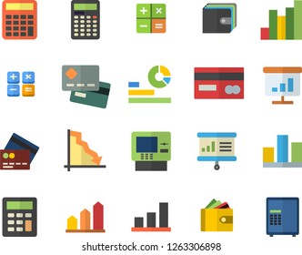 Color flat icon set crisis flat vector, chart, credit card, purse, statistics, calculator, statistic, presentaition board, achievement, fector, cash dispenser, safe