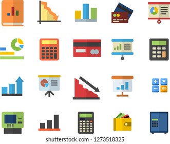 Color flat icon set crisis flat vector, credit card, purse, statistics, book balance accounting, calculator, chart, statistic, presentaition board, achievement, fector, cash dispenser, safe