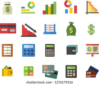 Color flat icon set crisis flat vector, chart, credit card, dollar, purse, wealth, statistics, calculator, abacus, fector
