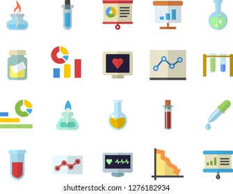 Color flat icon set crisis flat vector, statistics, pipette, blood test, computer diagnostics of health, medical analysis, chart, point diagram, flask, gas burner, beakers, presentaition board