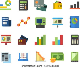 Color flat icon set crisis flat vector, chart, cash, credit card, purse, statistics, scatter, news, book balance accounting, abacus, calculator, presentaition board, fector, dispenser, mobile