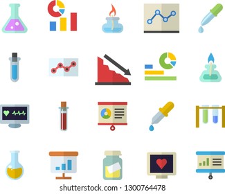 Color flat icon set crisis flat vector, statistics, pipette, blood test, computer diagnostics of health, medical analysis, chart, point diagram, flask, gas burner, beakers, presentaition board