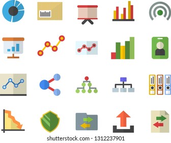 Color flat icon set crisis flat vector, chart, scatter, flipchart, barcode, statistic, clircle diagram, point, folders for papers, classification, security fector, pass, share, broadcast, upload