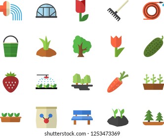 Color flat icon set cucumber flat vector, Strawberry, carrot, tree, sprinkling machine, hose, rake, bucketful, planting plants, irrigation, tulip, seedlings, bench, greenhouse, fertilizer vectory