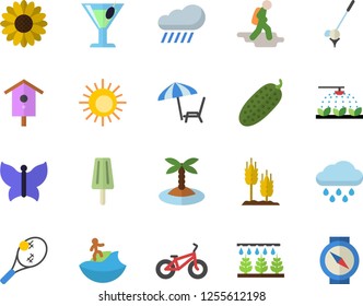 Color flat icon set cucumber flat vector, ice cream, cocktail, ear, nesting box, flower, sprinkling machine, butterflies, rain, bicycle, hike fector, chaise lounge, sun, island, surfing, tennis
