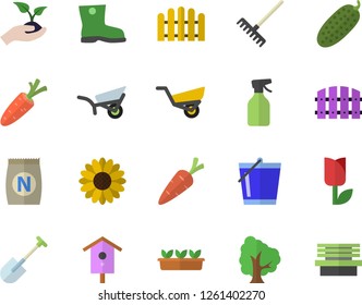 Color flat icon set cucumber flat vector, fertilizer vectory, nesting box, carrot, tree, flower, pulverizer, shovel, fence, seedlings, rake, bucketful, garden wheelbarrow, gumboots, tulip, bench