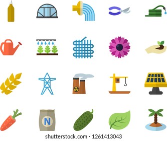 Color flat icon set cucumber flat vector, mustard, fertilizer vectory, carrot, flower, sprinkling machine, hose, secateurs, seedlings, watering can, irrigation, greenhouse, solar battery, tree leaf
