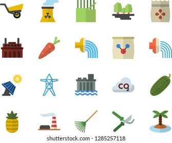 Color flat icon set cucumber flat vector, pineapple, seeds, carrot, secateurs, rake, hose irrigation, garden wheelbarrow, fertilizer vectory, solar battery, factory, forest, power line support