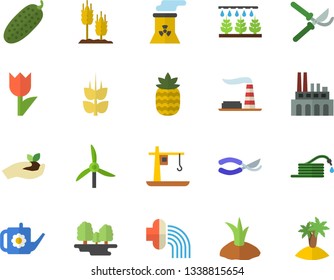Color flat icon set cucumber flat vector, pineapple, ear, sprinkling machine, hose, secateurs, seedlings, watering can, planting plants, irrigation, tulip, windmill, factory, forest, plant, crane