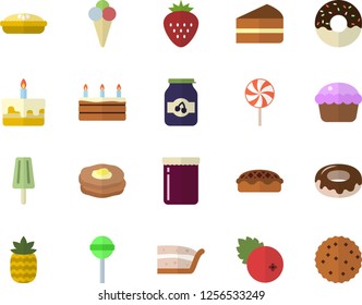 Color flat icon set cupcake flat vector, piece of cake, donut, pie, lollipop, ice cream, jam, cranberry, Strawberry, pineapple, pancakes, biscuit