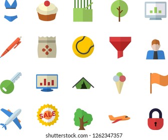 Color flat icon set cupcake flat vector, ice cream, seeds, tree, fabric manufacture, funnel, person, flag, sell out, computer chart, pen, tennis ball, swimsuit, aircraft fector, tent, key, lock