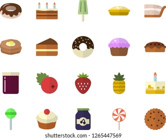 Color flat icon set cupcake flat vector, piece of cake, donut, pie, lollipop, ice cream, jam, cranberry, Strawberry, pineapple, pancakes, biscuit