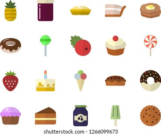 Color flat icon set cupcake flat vector, piece of cake, donut, pie, lollipop, ice cream, jam, cranberry, Strawberry, pineapple, pancakes, biscuit