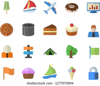 Color flat icon set cupcake flat vector, piece of cake, donut, ice cream, biscuit, tree, pipe production, person, flag, sailboat, computer chart, aircraft fector, tent, pointer, lock