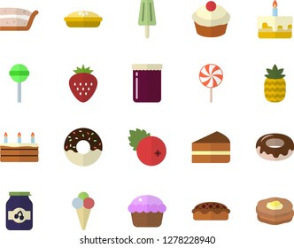 Color flat icon set cupcake flat vector, piece of cake, donut, pie, lollipop, ice cream, jam, cranberry, Strawberry, pineapple, pancakes