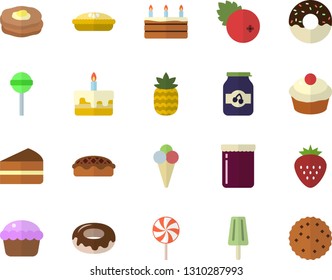 Color flat icon set cupcake flat vector, piece of cake, donut, pie, lollipop, ice cream, jam, cranberry, Strawberry, pineapple, pancakes, biscuit
