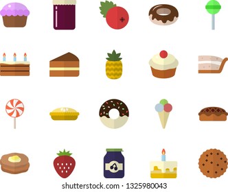 Color flat icon set cupcake flat vector, piece of cake, donut, pie, lollipop, ice cream, jam, cranberry, Strawberry, pineapple, pancakes, biscuit
