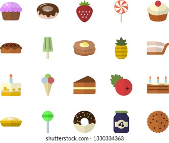 Color flat icon set cupcake flat vector, piece of cake, donut, pie, lollipop, ice cream, jam, cranberry, Strawberry, pineapple, pancakes, biscuit