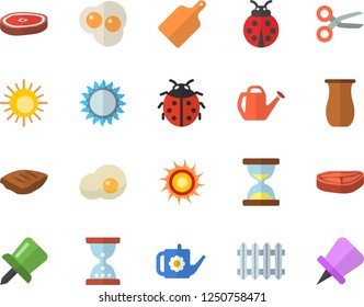 Color flat icon set cutting board flat vector, gas, jugful, chop, scrambled eggs, ladybird, watering can, radiator, drawing pin, sun fector, scissors, hourglass
