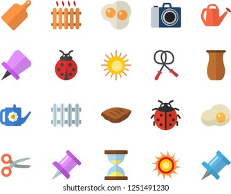 Color flat icon set cutting board flat vector, jugful, chop, scrambled eggs, ladybird, watering can, radiator, drawing pin, skipping rope, sun fector, camera, scissors, hourglass