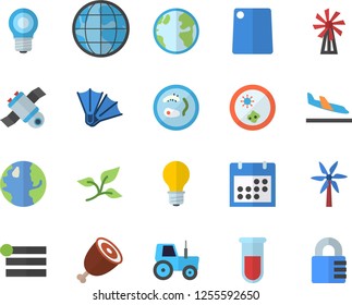 Color flat icon set cutting board flat vector, ham, windmill, tractor, tree leaf, earth, lamp, blood test, calendar, satellit, Petri dish, arrival fector, flippers, menu, lock
