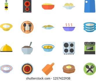 Color flat icon set cutting board flat vector, electric stove, induction cooker, dish, table setting, plates, spaghetti, soup, porridge, canape, pancakes, fector