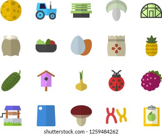 Color flat icon set cutting board flat vector, flour, onion, egg, mushroom, salad, cucumber, blackberry, pineapple, seeds, well, nesting box, ladybird, tractor, bench, greenhouse, chromosomes, moon