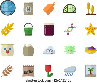 Color flat icon set cutting board flat vector, flour, ear, salad, jam, seeds, fertilizer vectory, bucketful, tulip, rain, greenhouse, carbon dioxide, earth, virus, dna, starfish fector, photo