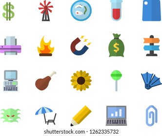 Color flat icon set cutting board flat vector, ham, lollipop, windmill, flower, bonfire, magnet, dollar, wealth, blood test, virus, printer, pencil, computer, Petri dish, chaise lounge fector, clip