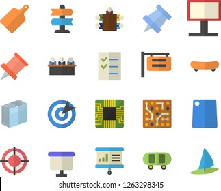Color flat icon set cutting board flat vector, motherboard, signboard, billboard, flipchart, sticker, to do list, target, meeting, presentaition, pushpin, electronic circuit, skateboard, windsurfing