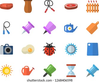 Color flat icon set cutting board flat vector, gas, jugful, chop, scrambled eggs, ladybird, watering can, radiator, drawing pin, skipping rope, sun fector, camera, hourglass