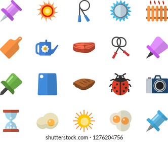 Color flat icon set cutting board flat vector, gas, chop, scrambled eggs, ladybird, watering can, radiator, drawing pin, skipping rope, sun fector, camera, hourglass