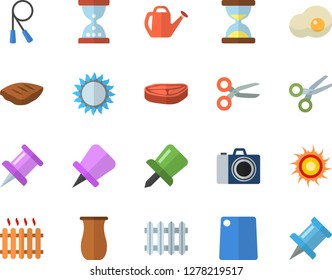 Color flat icon set cutting board flat vector, gas, jugful, chop, scrambled eggs, watering can, radiator, drawing pin, skipping rope, sun fector, camera, scissors, hourglass