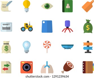 Color flat icon set cutting board flat vector, ham, lollipop, tractor, lamp, wealth, barcode, virus, lungs, bulb, hostory roll, sea beach fector, pointer, file sharing, eye, camera, notebook