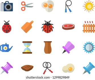 Color flat icon set cutting board flat vector, gas, jugful, chop, scrambled eggs, ladybird, watering can, radiator, drawing pin, skipping rope, sun fector, camera, scissors, hourglass