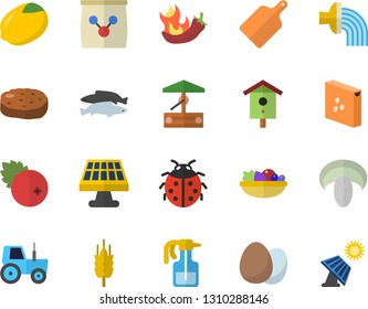 Color flat icon set cutting board flat vector, egg, groats, lemon, mushroom, salad, cutlet, hot peppers, fish, cranberry, ear, well, nesting box, pulverizer, ladybird, tractor, hose irrigation