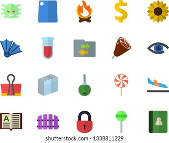 Color flat icon set cutting board flat vector, ham, lollipop, flower, fence, bonfire, dollar, blood test, virus, sticker, arrival fector, flippers, file sharing, binder clip, lock, eye, key, book