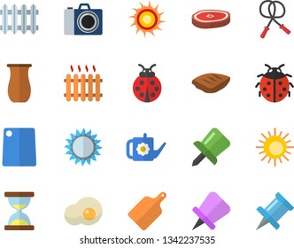 Color flat icon set cutting board flat vector, gas, jugful, chop, scrambled eggs, ladybird, watering can, radiator, drawing pin, skipping rope, sun fector, camera, hourglass