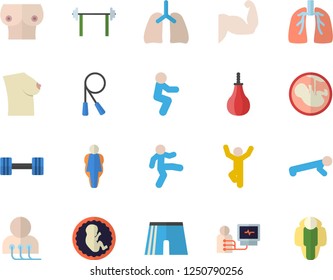 Color flat icon set diagnostics flat vector, embryo, breast, lungs, dumbbell, barbell, muscles, skipping rope, sports pear, athletic shorts, gymnastics, squats, push up, size, lose weight