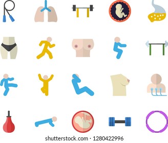 Color flat icon set diagnostics flat vector, embryo, breast, stomach, lungs, dumbbell, barbell, waistline, skipping rope, sports pear, gymnastics, squats, push up, swing press, run, hoop